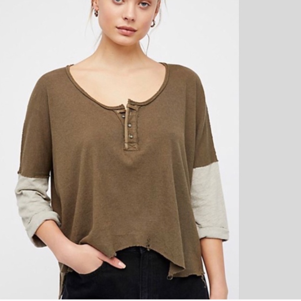 We The Free Star Henley Top - Olive Green - Size S - Free People